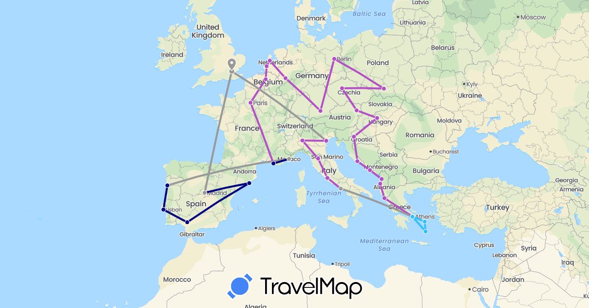 TravelMap itinerary: driving, plane, train, boat in Albania, Austria, Belgium, Czech Republic, Germany, Spain, France, United Kingdom, Greece, Croatia, Hungary, Italy, Monaco, Netherlands, Poland, Portugal (Europe)